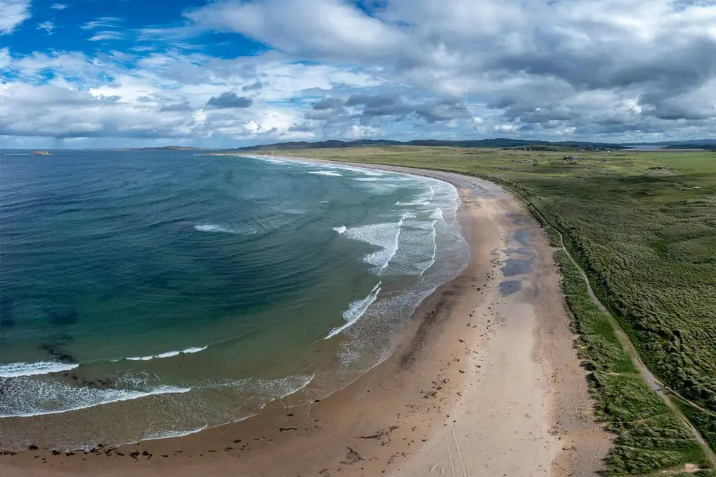 An aerial view of Ballyliffin beach with Trawbreaga Bay in the distance