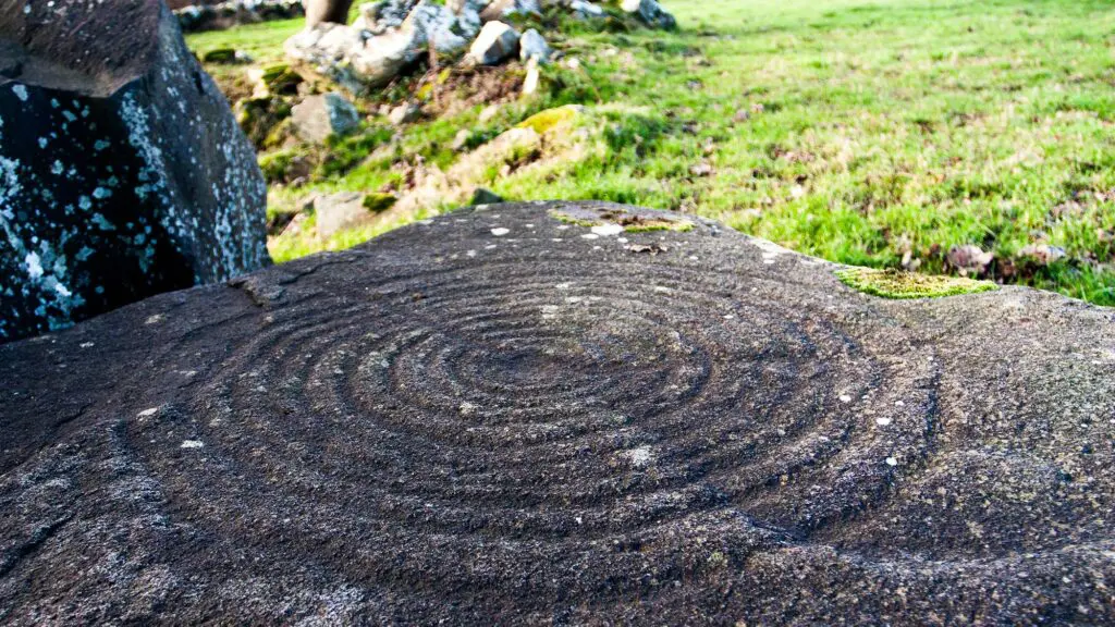 A stone with carved Celtic concentric circles