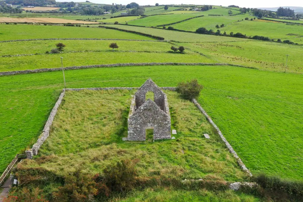 The ruins of Clonca Church from the air