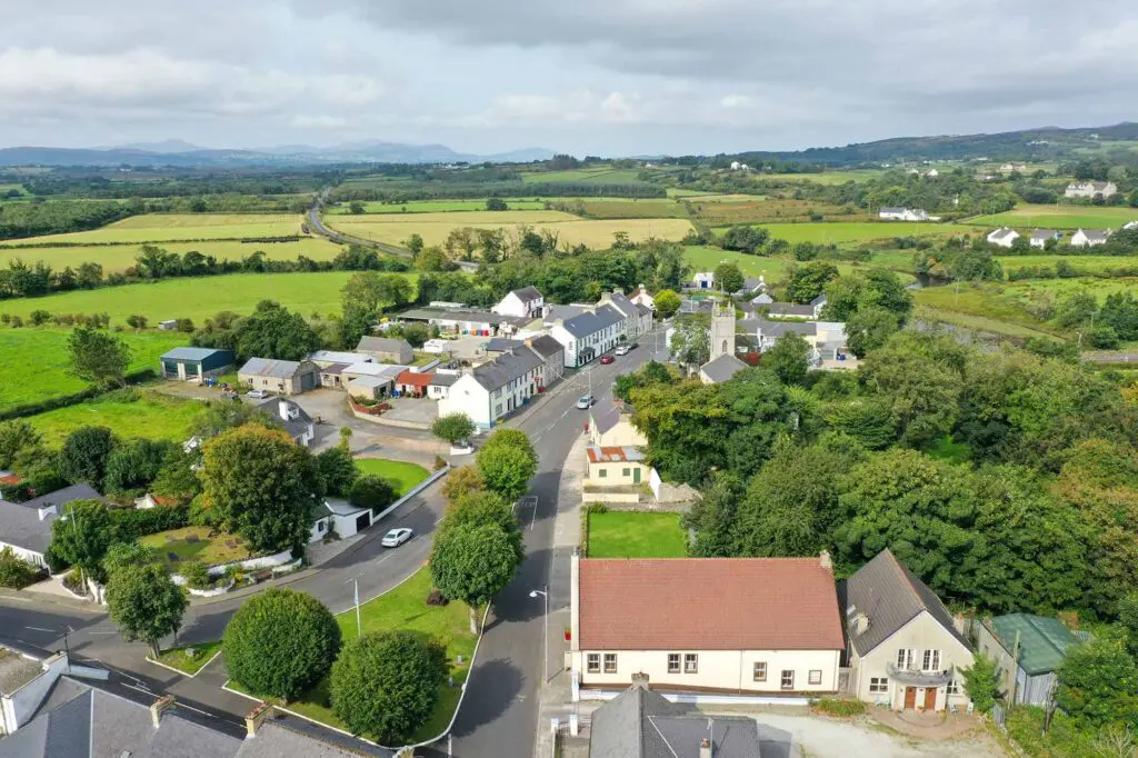 An aerial view of Culdaff village set in the rolling hills of Inishowen