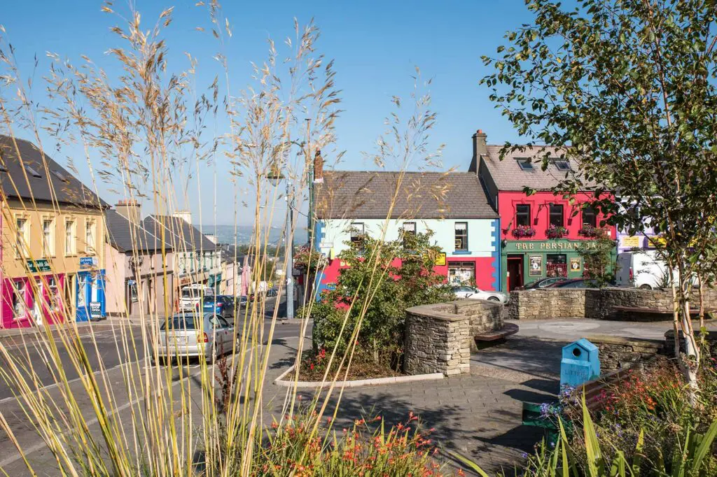 A view of colourful buildings in the centre of Carndonagh