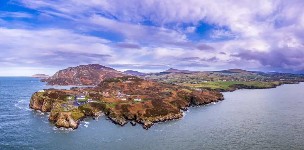 An aerial views of the dramatic coastline at Dunree Fort, Inishowen