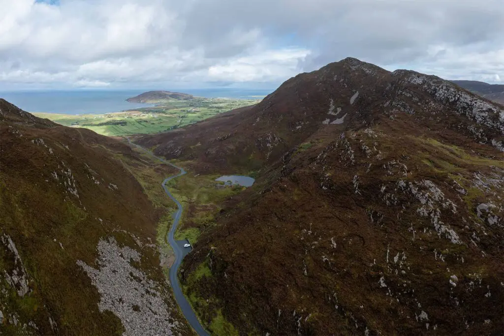 An aerial panorama of the Mamore Gap looking towards Leenan
